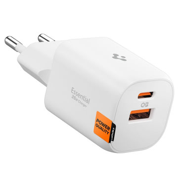 Zidni punjač 35W s jednim USB-C i jednim USB-A ulazm Spigen  "ArcStation Essential" i quantom boost tehnologijo - bijeli