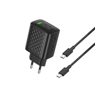 Zidni punjač  Lito "LC25T" PD 65W s GaN tehnologijom, 2x USB-C , jednim USB-A ulazom i USB-C u USB-C kablom - crni