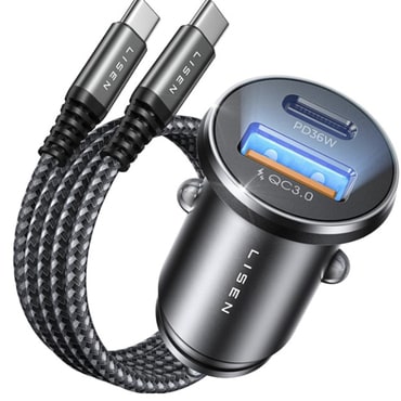 Autopunjač PD 36W, QC 3.0 Lisen "YL022" s USB-A i USB-C ulazom te priloženim USB-C u USB-C kablom - crni/plavi