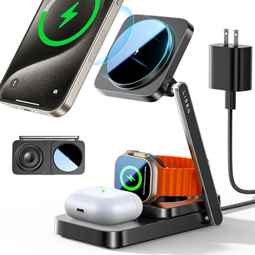 Bežična stanica za punjenje 3u1, 15W MagSafe Lisen "YL042" s uključenim zidnim adapterom i USB-C kabelom - crna