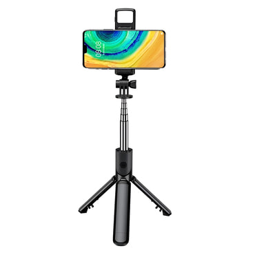 Selfie štap Techsuit "S03-S" s Bluetooth daljinskim, stabilnim postoljem i LED svjetlom, 67cm - crn