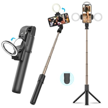 Selfie štap Techsuit "K13" s Bluetooth daljinskim, LED svjetlom i sklopivim stalkom, 84cm - crn