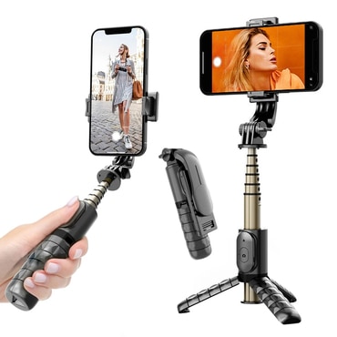 Selfie štap Techsuit "Q10" s Bluetooth daljinskim, stabilnim postoljem, LED svjetlom i 360° rotacijom, 68cm - crn