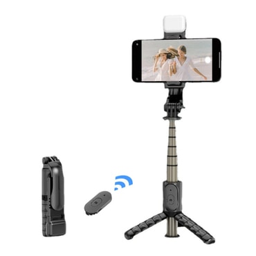 Selfie štap Techsuit "Q10s" sa stabilnim stalkom, Bluetooth daljinskim, LED svjetlom i 360° rotacijom, 70cm - crna
