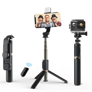 Selfie štap Techsuit "Q03s" s Bluetooth daljinskim, stabilnim postoljem i LED svjetlom - crn