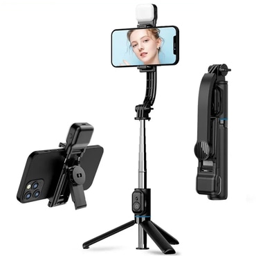 Selfie štap Techsuit "C01s" sa sklopivim stabilnim stalkom, Bluetooth daljinskim i LED svjetlom, 107cm - crna