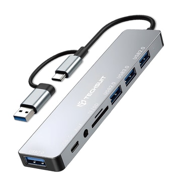 Hub postaja Techsuit "DataBridge 8v1 (H9)" USB-A / USB-C - 4x USB-A, USB-C, 3.5mm Jack, TF/SD kartica - gray