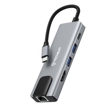 Hub postaja Techsuit "NetBridge 5v1 (H1)" USB-C - 1x USB-C 2.0, 1x USB-C 3.0, 1x USB-C, 1x HDMI, 1x RJ45, PD87W, 4K pri 30Hz - gray