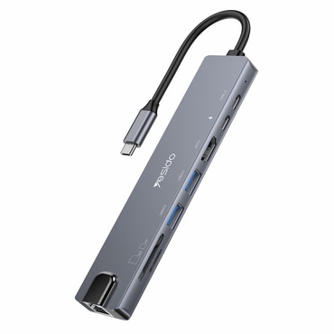 Postaja Yesido "HB27 8v1" USB-C - 2x USB-A 3.0, 2x USB-C, 1x HDMI, 1x RJ45, 1x SD, 1x TF, PD100W, 4K pri 30Hz - siva