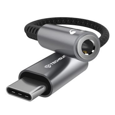 USB-C na AUX 3.5mm audio kabel Techsuit "SonicPiX AC14" 3A, DAC čip, digitalni dekoder, 0.1m - sivi