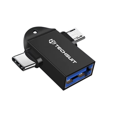 OTG adapter Techsuit "TwoVoltX A16" USB-A na USB-C i Micro-USB 3u1, aluminij - crn