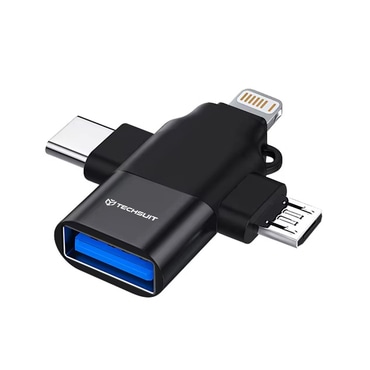 OTG adapter Techsuit "SoundVoltX A17" 4u1 USB-A na USB-C, Micro-USB, Lightning - crni