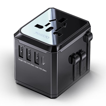 Adapter za putovanja Yesido "MC10" EU/UK/US/AU, 3x USB + 1x USB-C, 3.6A - crni