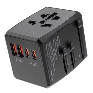 Adapter za putovanje Techsuit "HHT904-B2" EU/UK/AUS/US, 2x USB-A + 2x USB-C, PD 20W - crni