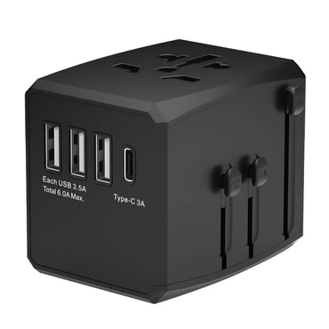 Adapter za putovanja Techsuit "HHT904-B3" EU/UK/AUS/US, 3x USB + 1x USB-C, PD 30W - crni