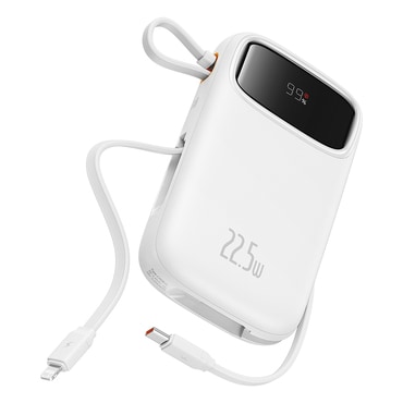 Power bank Baseus "Qpow Pro+" 10000mAh 22.5W s Lightning, 2x USB-C i USB, s USB-C kabelom 30cm - white