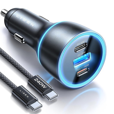 Automobilski 170W punjač Lisen "YL0225060006" 2x USB-C, 1x USB-A, GaN, s Type-C kabelom - black