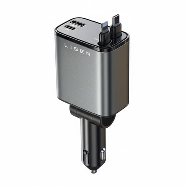 Automobilski punjač Lisen "YL0224040031" 4u1 s USB-C i Lightning izvlačnim kabelima - black