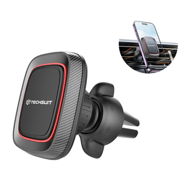 Magnetni automobilski držač Techsuit "MagGrip S4" s sigurnim magnetskim držanjem za ventilacijski otvor, 360° rotacija, s metalnim pločicama - crven