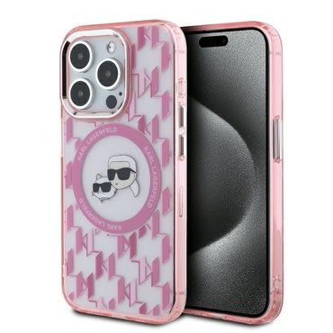 Maskica Karl Lagerfeld "IML MagSafe" za iPhone 15 Pro - pink monogram karl and choupette head