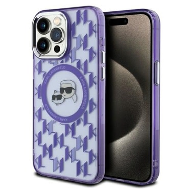 Maskica Karl Lagerfeld "IML MagSafe" za iPhone 15 Pro - purple monogram karl and choupette head