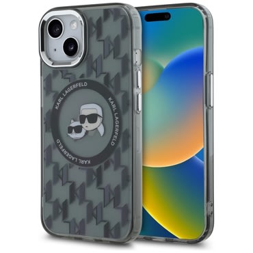 Maskica Karl Lagerfeld "IML MagSafe" za iPhone 15 Plus - black monogram karl and choupette head