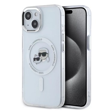 Maskica Karl Lagerfeld "IML MagSafe" za iPhone 15 - white metal karl&choupette heads
