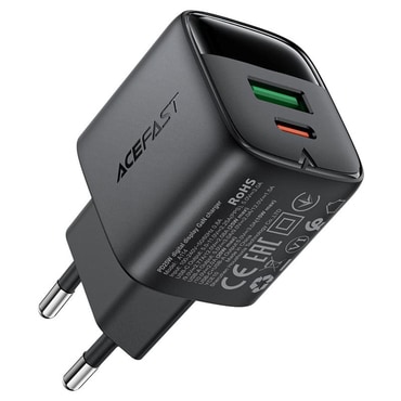Zidni 25W punjač Acefast "A114" s digitalnim prikazom, GaN, 1x USB-A, 1x USB-C - black