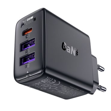 Zidni 35W punjač Acefast "A57" GaN, 2x USB-A, 1x USB-C - black