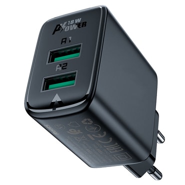 Zidni 18W punjač Acefast "A33" 2x USB-A - black