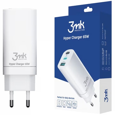Zidni 65W punjač 3mk "Hyper" 2x USB-C, 1x USB-A, GaN tehnologija, Quick Charge - white