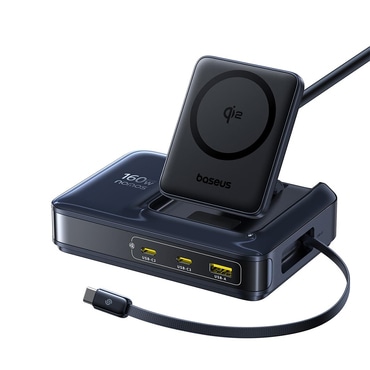 Bežična 160W punjač stanica Baseus "Nomos NH21" s izvlačnim kabelom, 3x USB-C, Qi2 - cosmic black