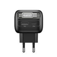 Zidni 35W punjač Havit "UC251 EU" s izvlačivim USB-C kabelom, 2x USB-C, USB, GaN - gray