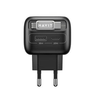 Zidni 35W punjač Havit "UC251 EU" s izvlačivim USB-C kabelom, 2x USB-C, USB, GaN - gray
