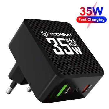 Zidni 35W punjač Techsuit "Tiny Series CHPD173" GaN, USB-C, LED prikazivač - crni