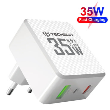 Zidni 35W punjač Techsuit "Tiny Series CHPD173" GaN, USB-C, LED prikazivač - bijel