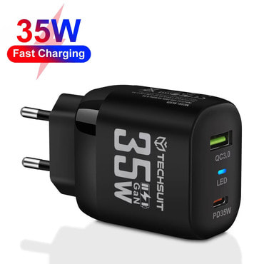 Zidni 35W punjač Techsuit "CHPD174" GaN, USB QC3.0, USB-C PD - crni