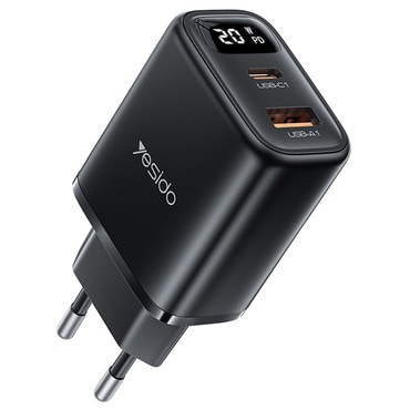 Stolni 20W punjač Yesido "YC68" s digitalnim prikazom, PD i QC3.0 - crni