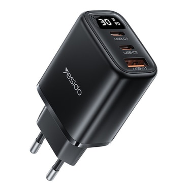 Stolni 30W punjač Yesido "YC69" s digitalnim prikazom, 1x USB-A, 2x USB-C - crni