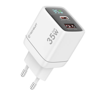 Zidni 35W punjač Techsuit "LEDChargX (CH3)" GaN, LED prikazivač - bijel