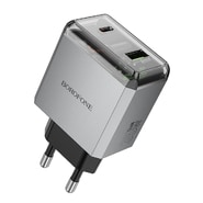 Stolni 35W punjač Borofone "Lena BN20" 2x USB-C Plus USB-A, PD, QC3.0 - metal sivi