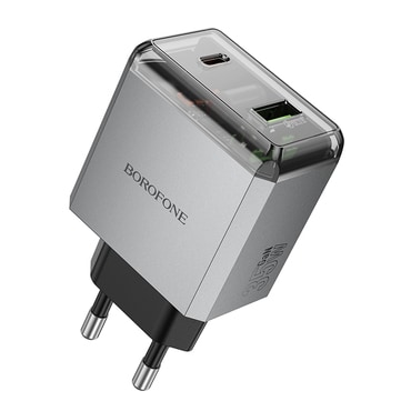 Stolni 35W punjač Borofone "Lena BN20" 2x USB-C Plus USB-A, PD, QC3.0 - metal sivi