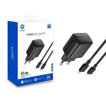 Zidni 20W punjač Lito "LC13L" GaN s Lightning kabelom - black