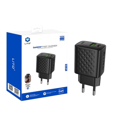 Zidni 20W punjač Lito "LC15" GaN, USB-C i USB izlaz - black