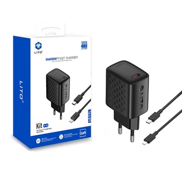 Zidni 30W punjač Lito "LC17L" s GaN tehnologijom i Lightning kabelom - black
