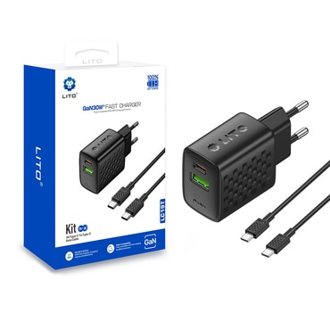 Zidni 30W punjač Lito "LC19T" USB-C i USB izlaz, GaN - black