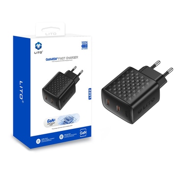 Zidni 45W punjač Lito "LC22" 2x USB-C, GaN - black