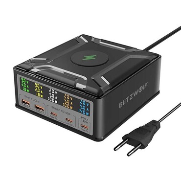Zidni 260W punjač Blitzwolf "BW-S28" 2x USB-A, 3x USB-C, 15W bežično punjenje - black