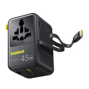 45W putni adapter Baseus "PicoGo AG11 (E0307F00)" EU/UK/US/AU, 2x AC, 2x USB-A, USB-C s izvlačnim USB-C kabelom - black