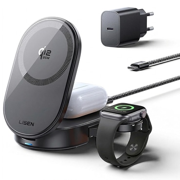 Bežična 25W punjač postaja Lisen "W121 3-u-1" MagSafe Qi2.2 za iPhone, Apple Watch i AirPods - black